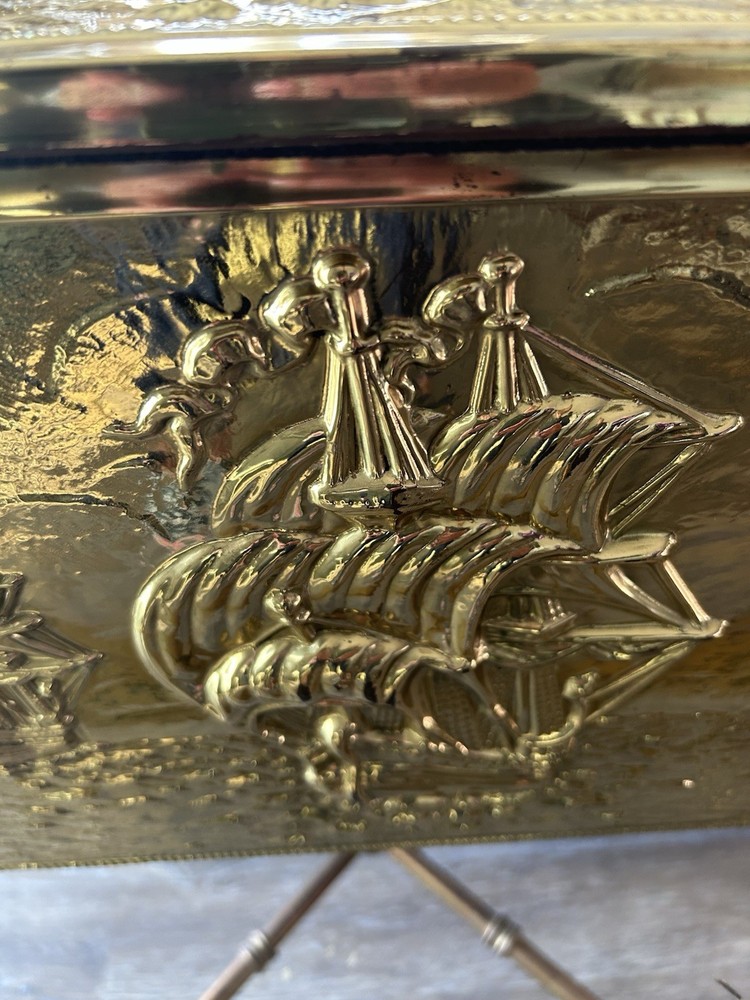 Brass-clad coal box w/embossed sailing ship motif