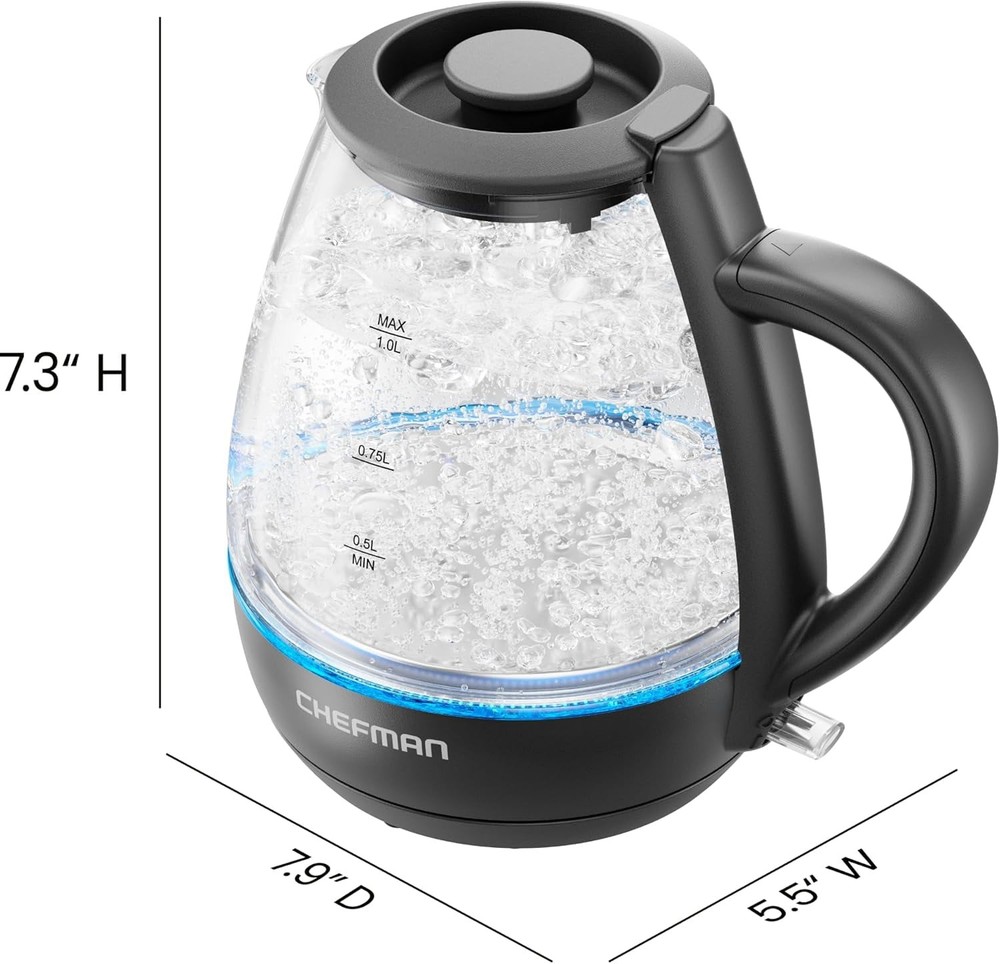 Chefman 1L Electric Glass Kettle w/ LED Indicator Light, Automatic Shutoff