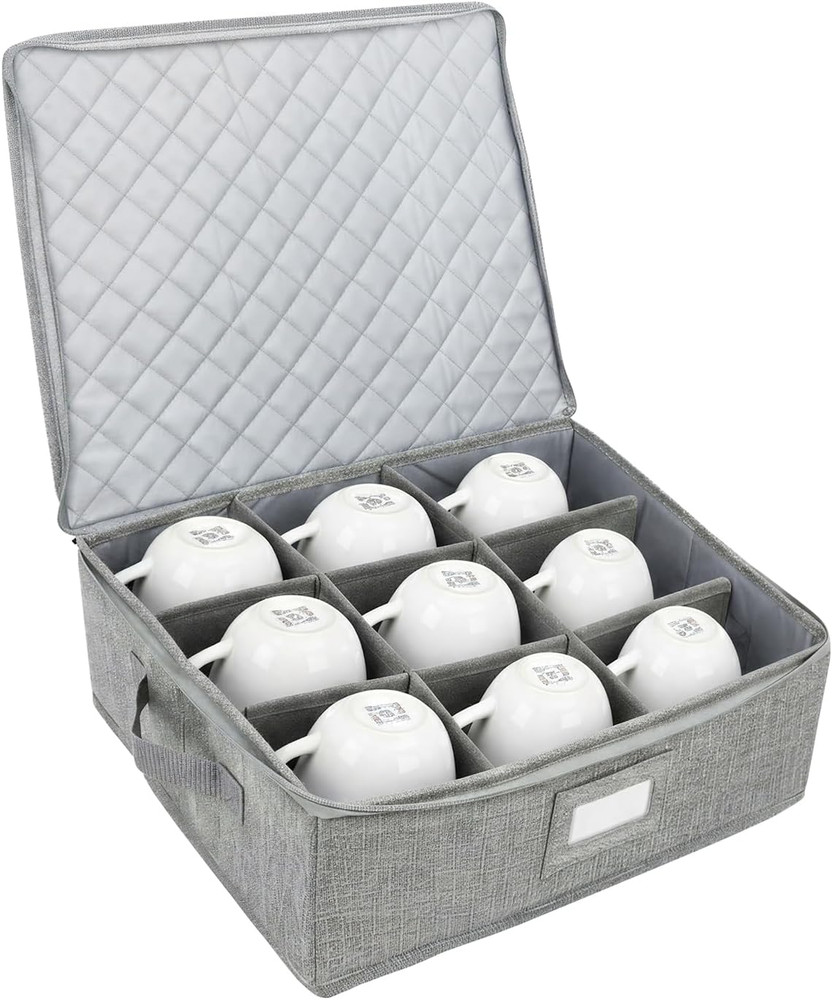 12 Compartment Mug Storage Organizer – Linen-Style Fabric Storage Box with Lid –