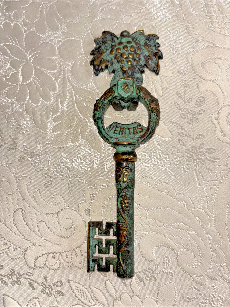 Vintage Brass Key Corkscrew with Mounting Hook  " In Vino Veritas"