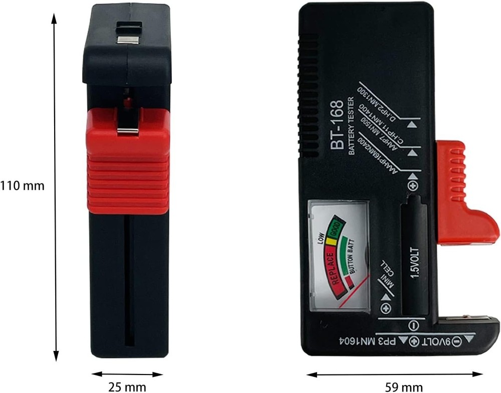 Compact Universal Battery Tester for AAA, AA, C, D, 9V & Button Cell Batteries