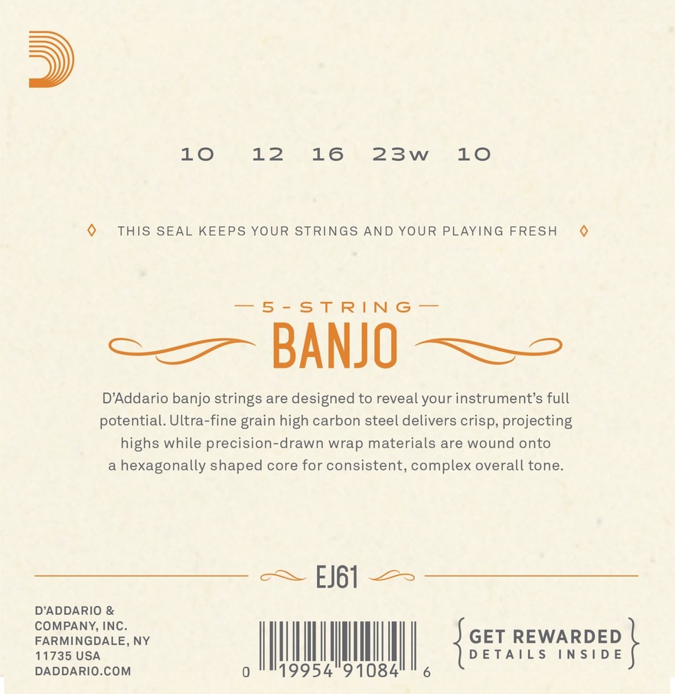 EJ61 5 String Banjo Strings Nickel Medium 10-23 D'Addario