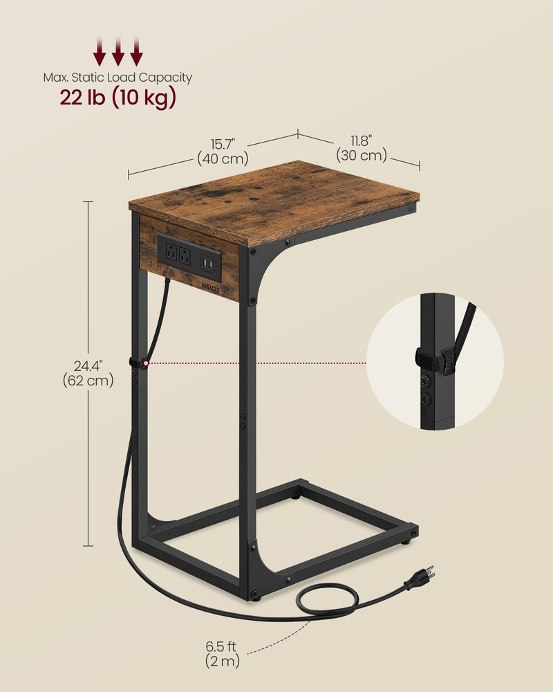 VASAGLE C-Shaped Side Table, End Table with Charging Station, C Table for Cou...