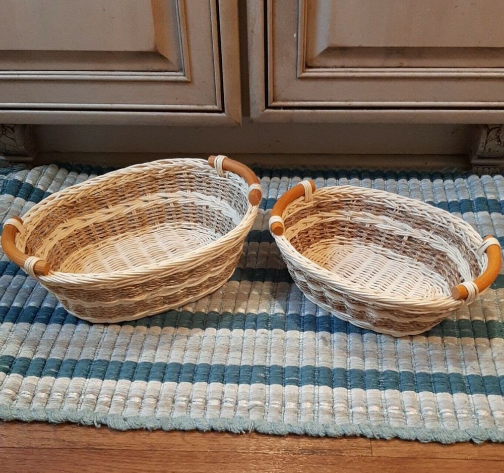 2 Oval Wicker Serving Baskets Wood Handles