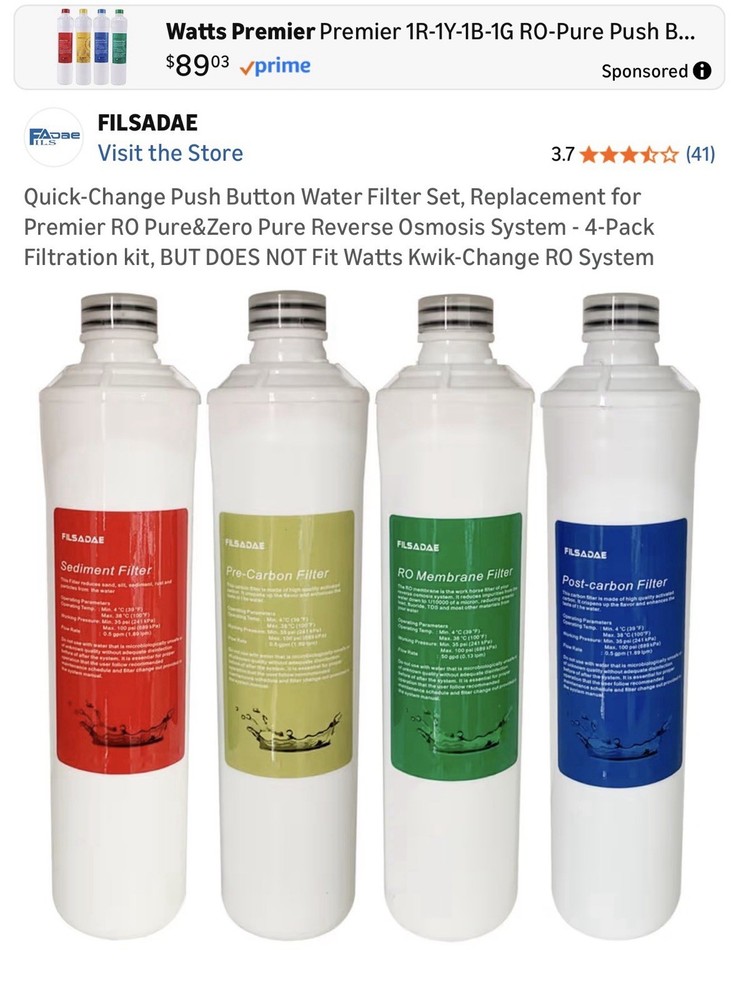 FILSADAE 4-Pack Cartridge Filter Set for Watts RO Pure & Zero Pure