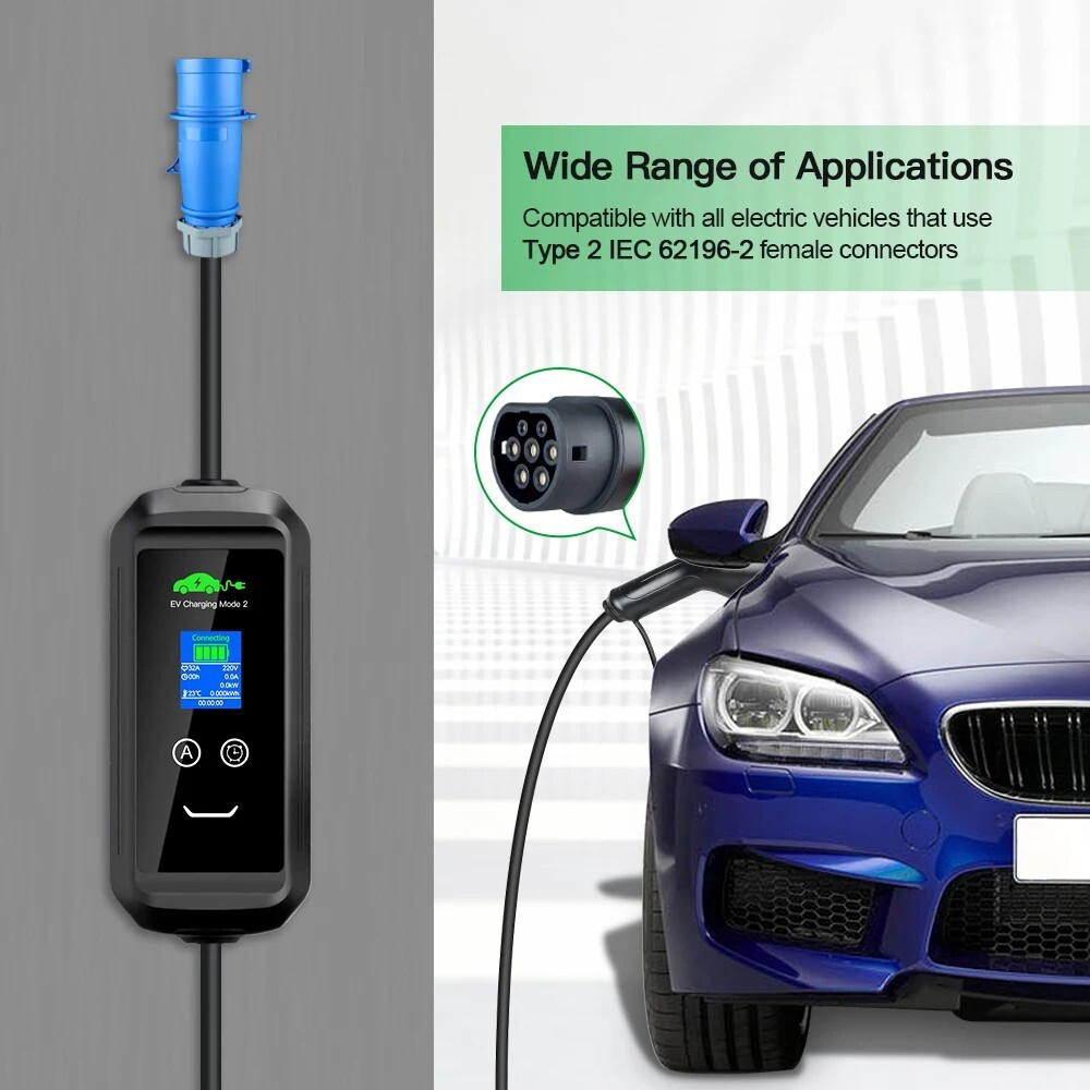 Portable EV Charger CEE to Type 2 | Delay Timer | 8A - 32A | 7.2kW | Mode 2 | 5m
