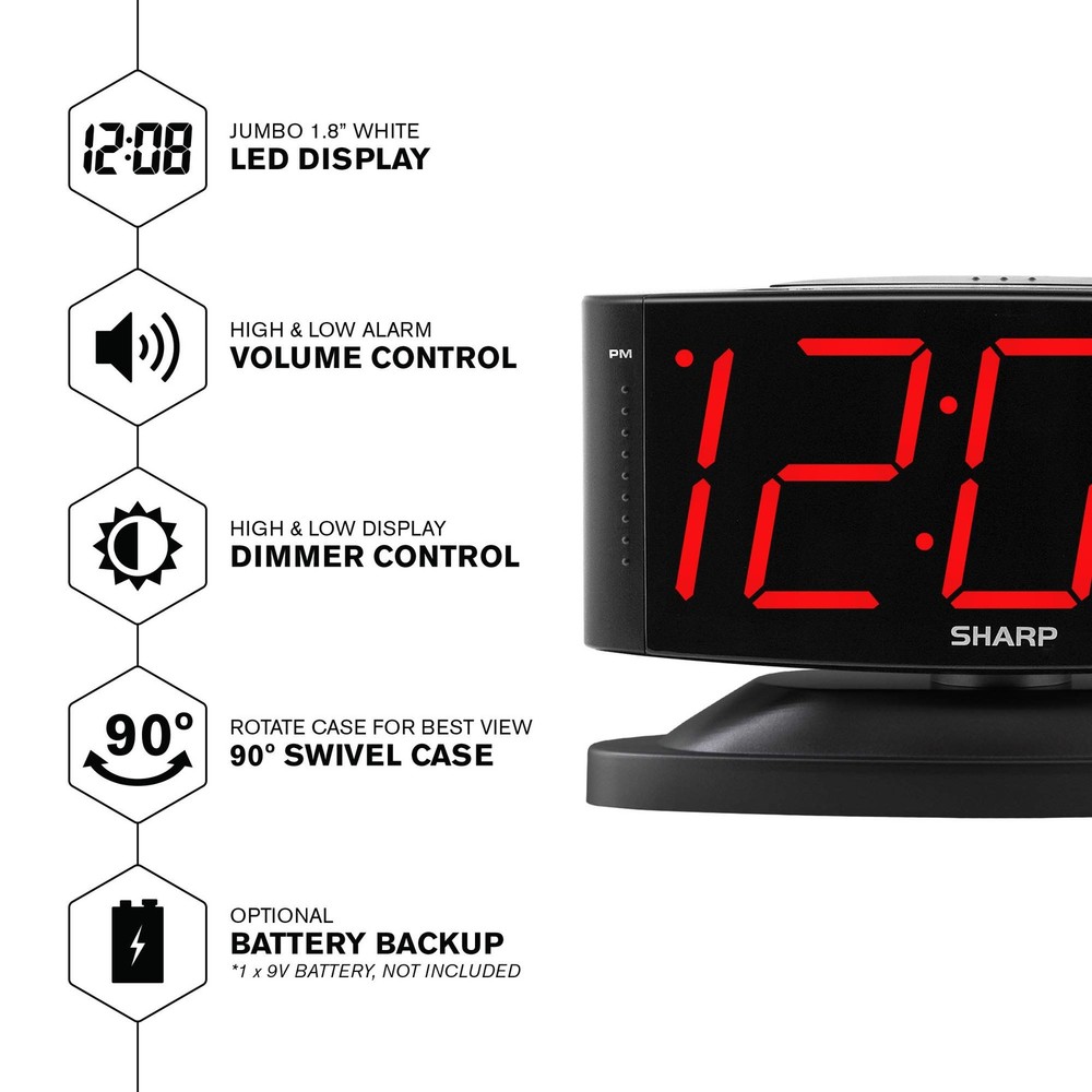 Sharp Home LED Digital Alarm Clock – Swivel Base Small, Red Led - Black Case