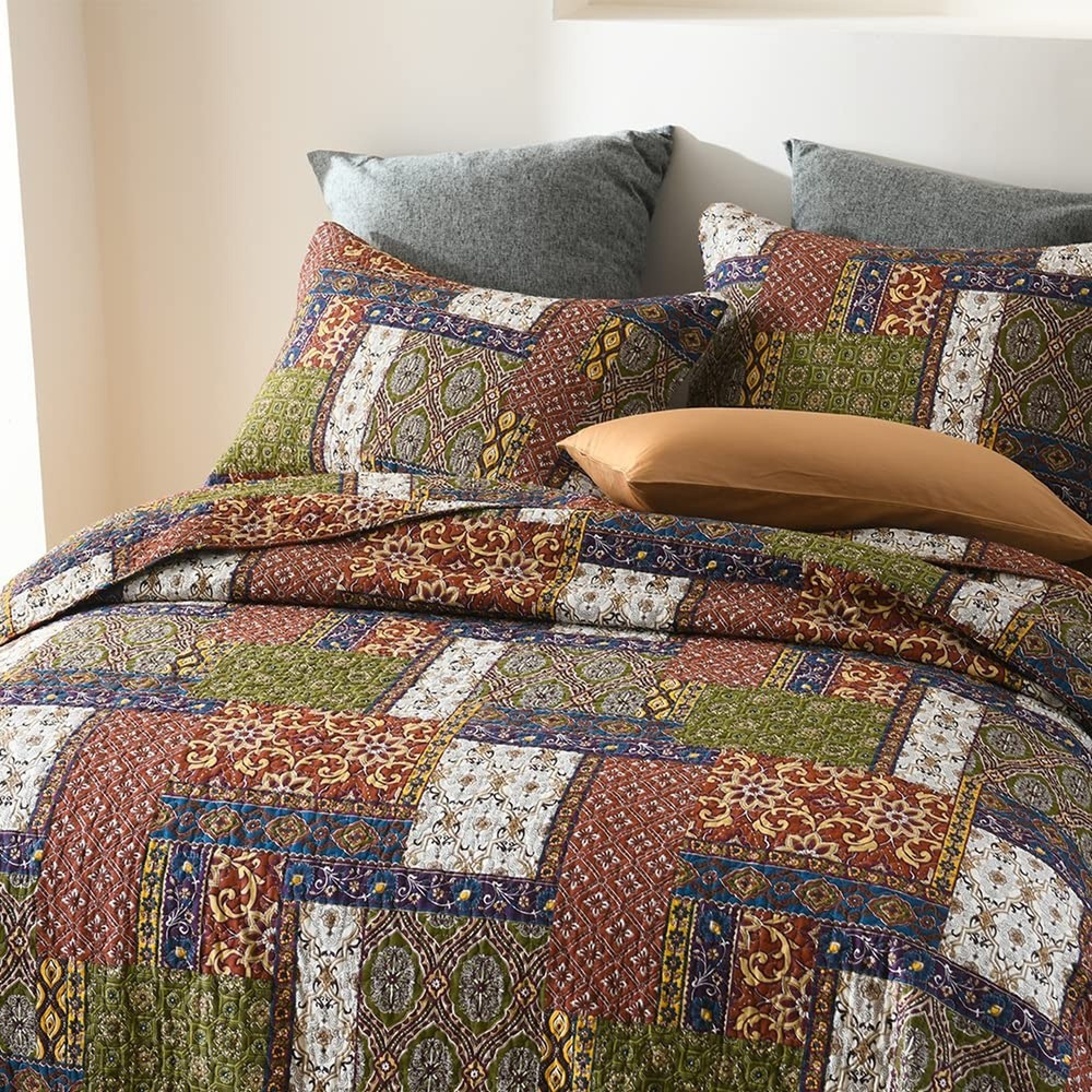 Cotton Bedspread Quilt Sets Reversible Bedding Coverlet Sets Comforter Patchw...