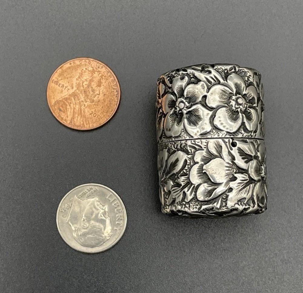 Sterling Silver Floral Repousse Thread Box / Holder 19th Century