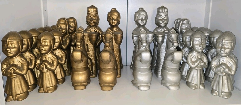 Vintage Oversized Ceramic Medieval Chess Piece Set No Board ~6” Tall