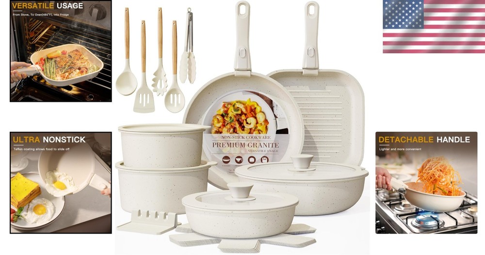 23Pcs Stackable Non-Stick Cookware Set: Detachable Handles, Oven Safe