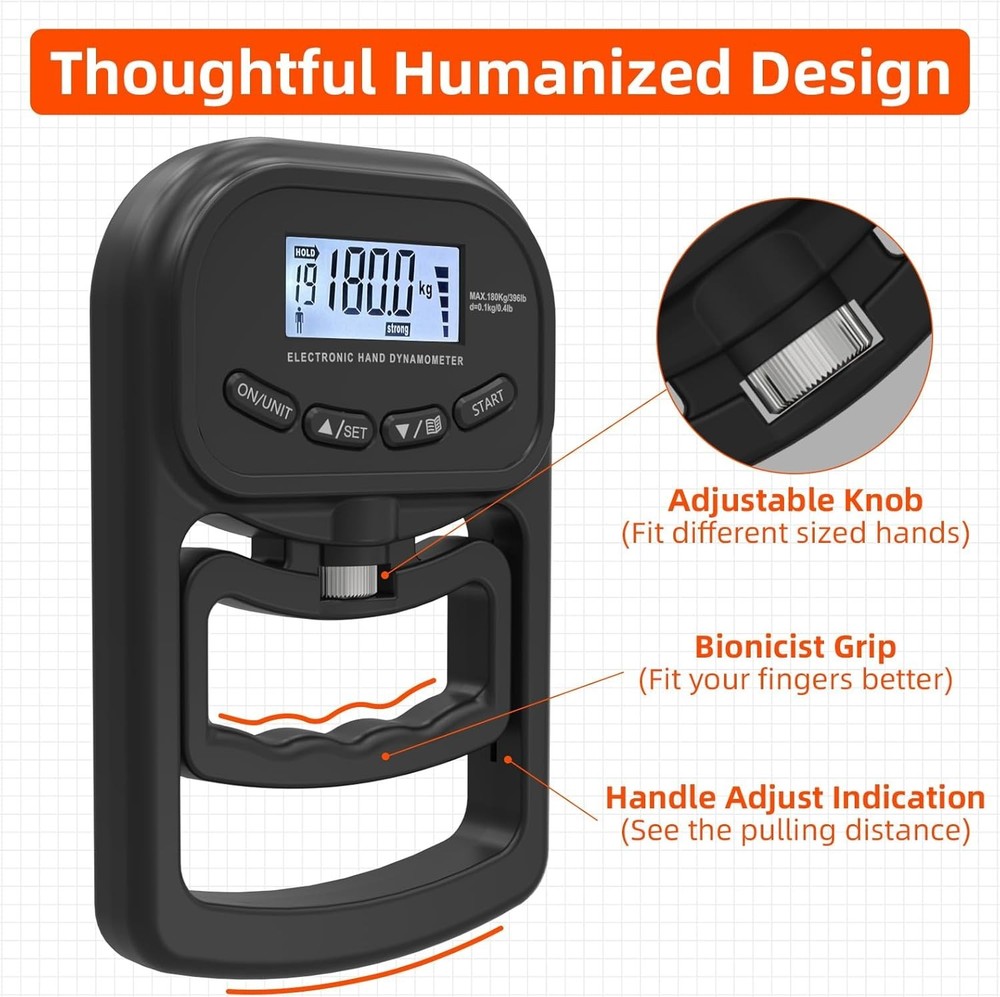 Rechargeable Digital Grip Strength Meter 396lbs with LCD Display