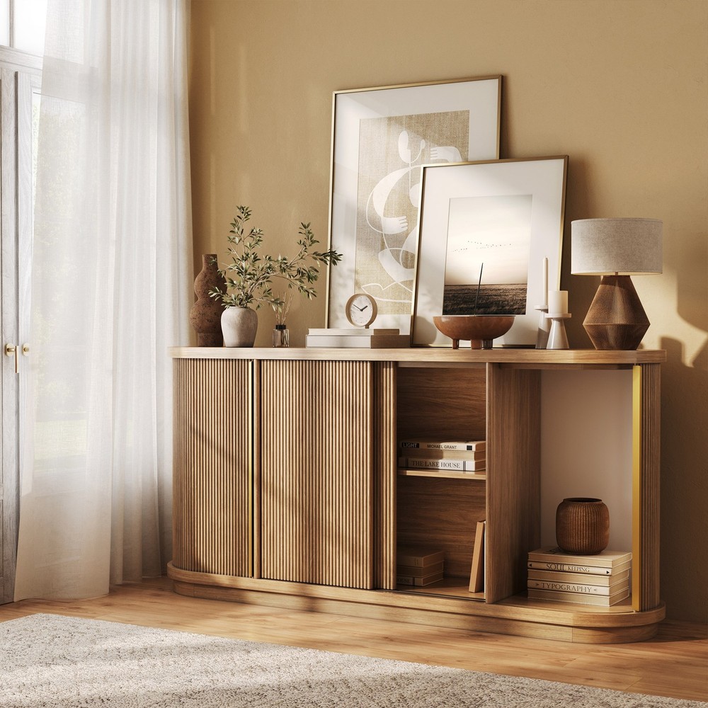 67" Modern Curved Sideboard with Sliding Tambour Doors (Camel)