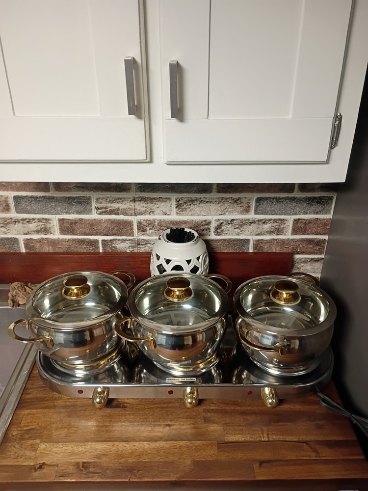 Command Performance Stainless/ Gold Buffet Cookware Set 3 Pots Lids & Warmer