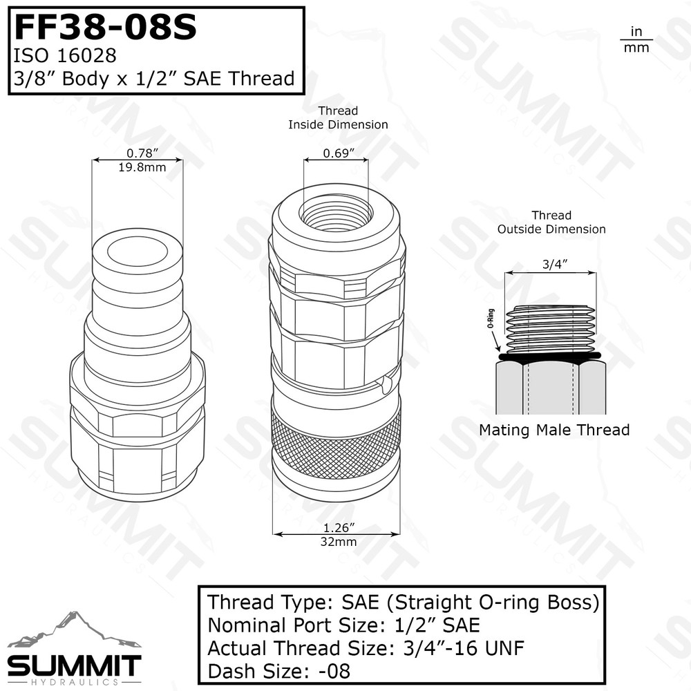 3/8″ Flat Face Hydraulic Quick Connect Female Coupler, 1/2″ SAE Thread