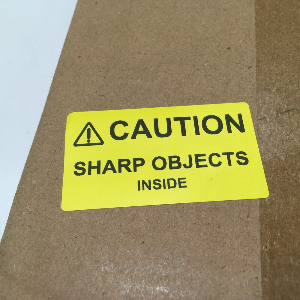 ⚠CAUTION SHARP OBJECTS INSIDE Warning Sticker Label Yellow 2.25" L x 1.25" H