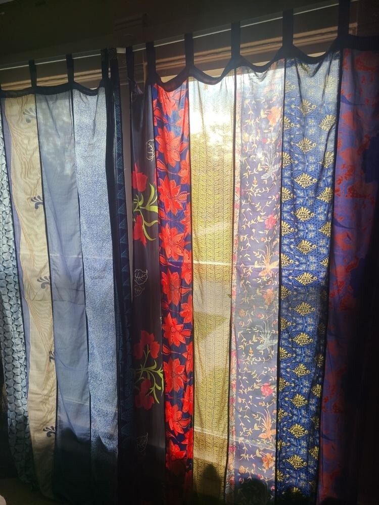 Indian Vintage Sari Patchwork Curtain Drape Window Boho Decor Silk Blue Curtain