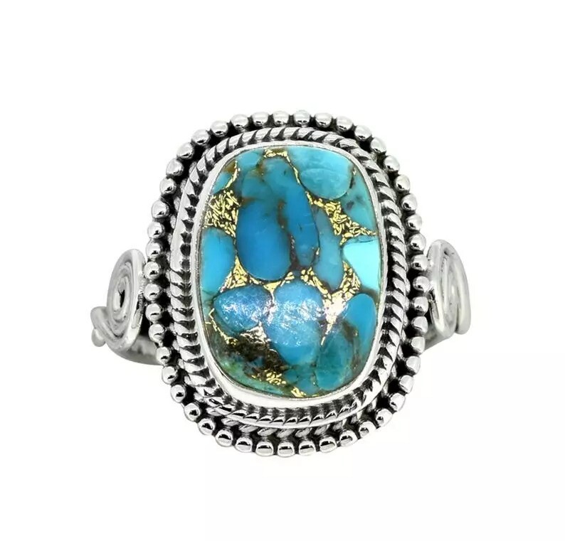 Solid 925 Sterling Silver Blue Copper Turquoise Handmade GENUINE Ring