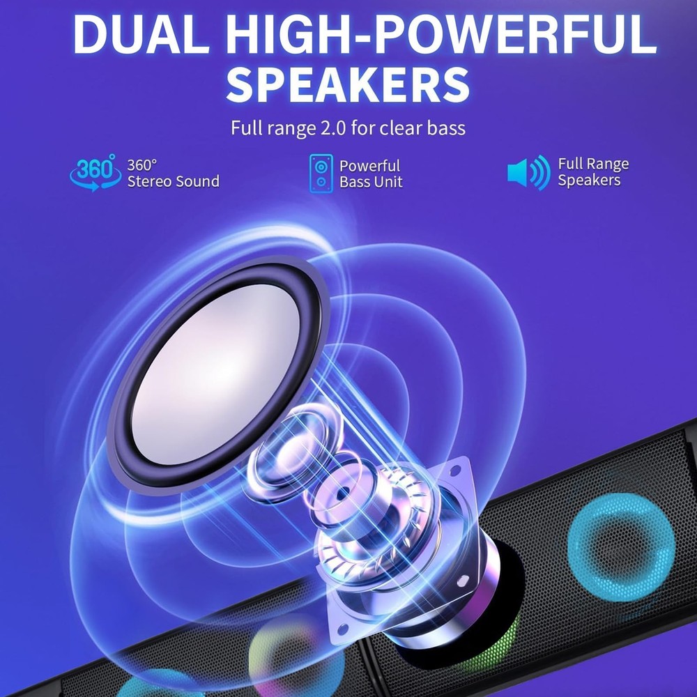 Wired Computer Speakers Designed for Desktop Devices USB Plug-and-Play Clear ...