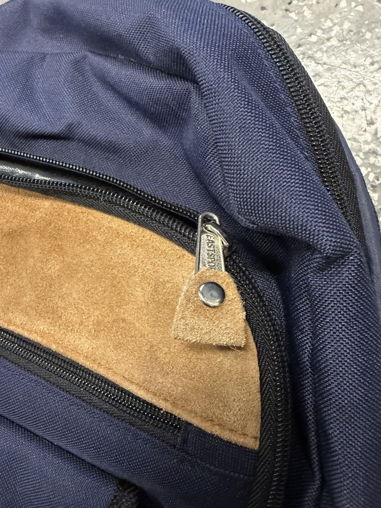 Eastsport Fabric & Suede Navy Blue & Tan Daypack Backpack, Multiple Compartments