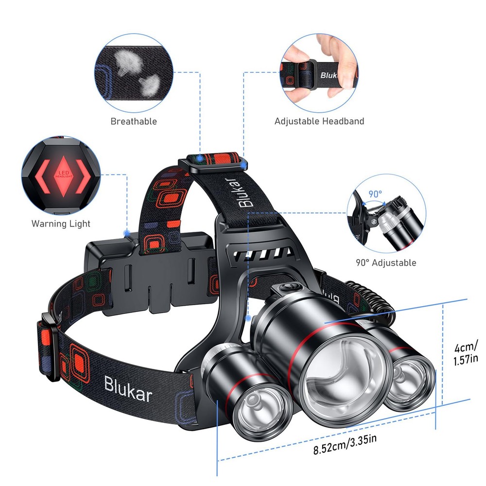 Blukar LED Headlamp, Super Bright Rechargeable Headlight Flashlight - 3 Black