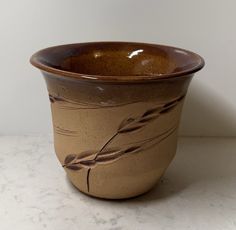 Handmade Pottery Beige Ceramic  Planter Wheat Design Signed