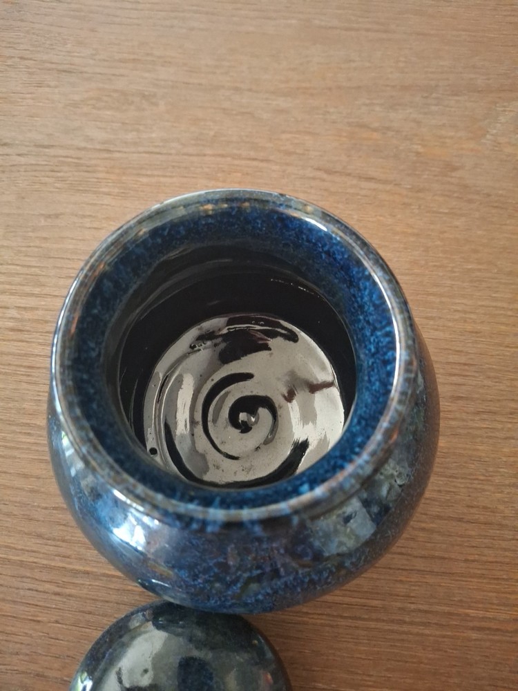 Studio Art Lidded Jar Dark Blue Glaze Pretty Shape Substantial Use Or Admire It!