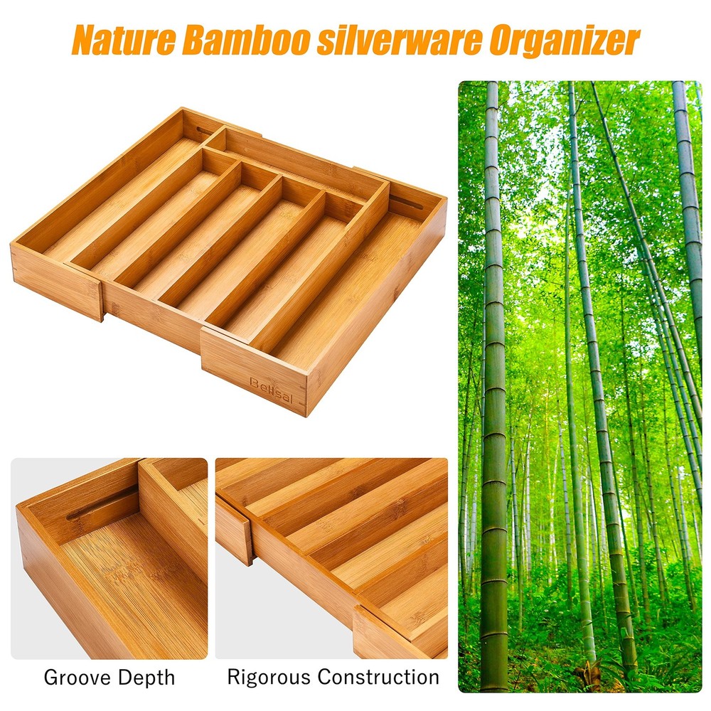 Bellsal Silverware Organizer Kitchen Drawer Organizer Expandable Bamboo Utens...