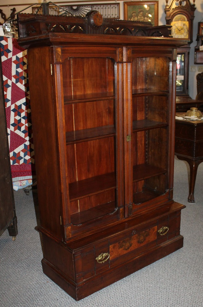 Antique Victorian Walnut Step Back Bookcase – Two Glass Doors