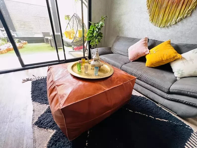 Square Goat Classic Moroccan Footstool Boho Leather Handmade Ottoman Pouffe