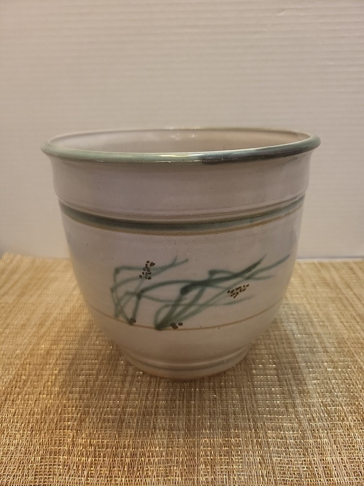 Vintage Brushed Designed Glazed Pottery Planter Marked