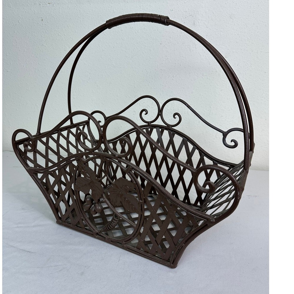 Cast Iron Decorative Basket Plant Holder Lattice Scroll Handle Rustic Planter
