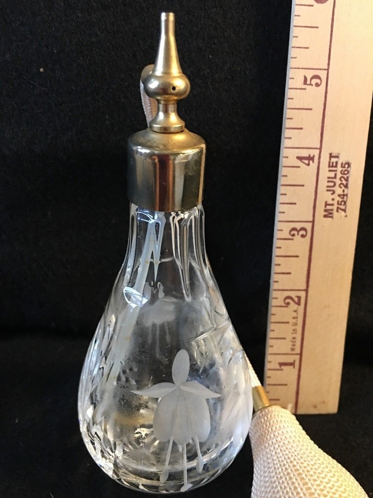 Clear Cut Glass Etched FLOWER Atomizer PERFUME Bottle