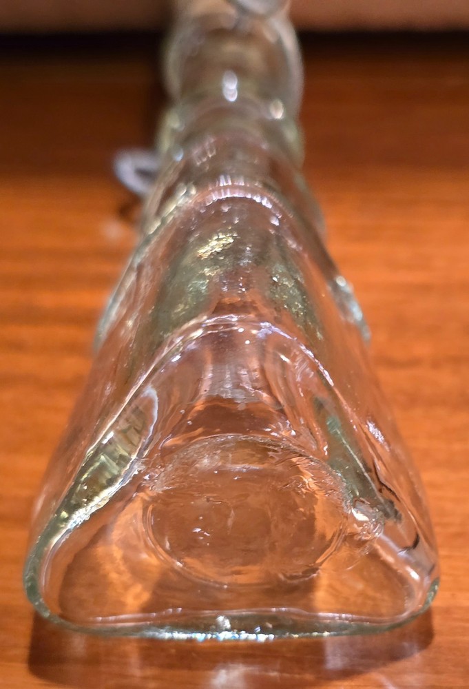 Vintage unusual glass, triangular bottle w/bail & stopper closure