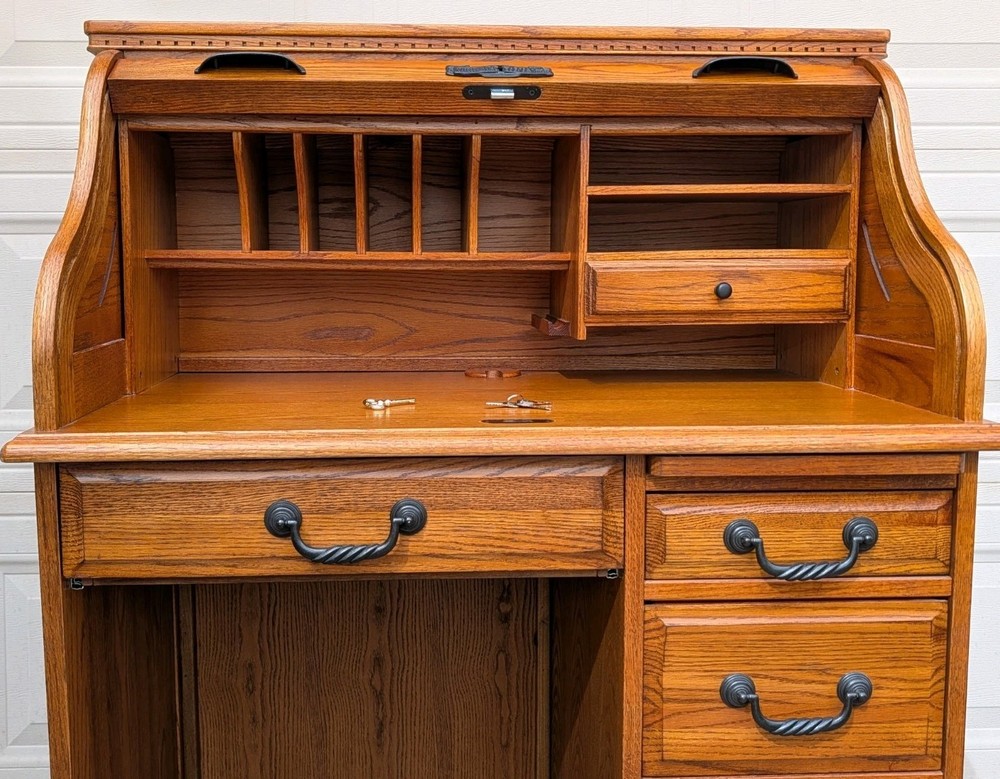 Solid Oak Roll-Top Desk by Winners Only Inc. – Locking Secretary Desk