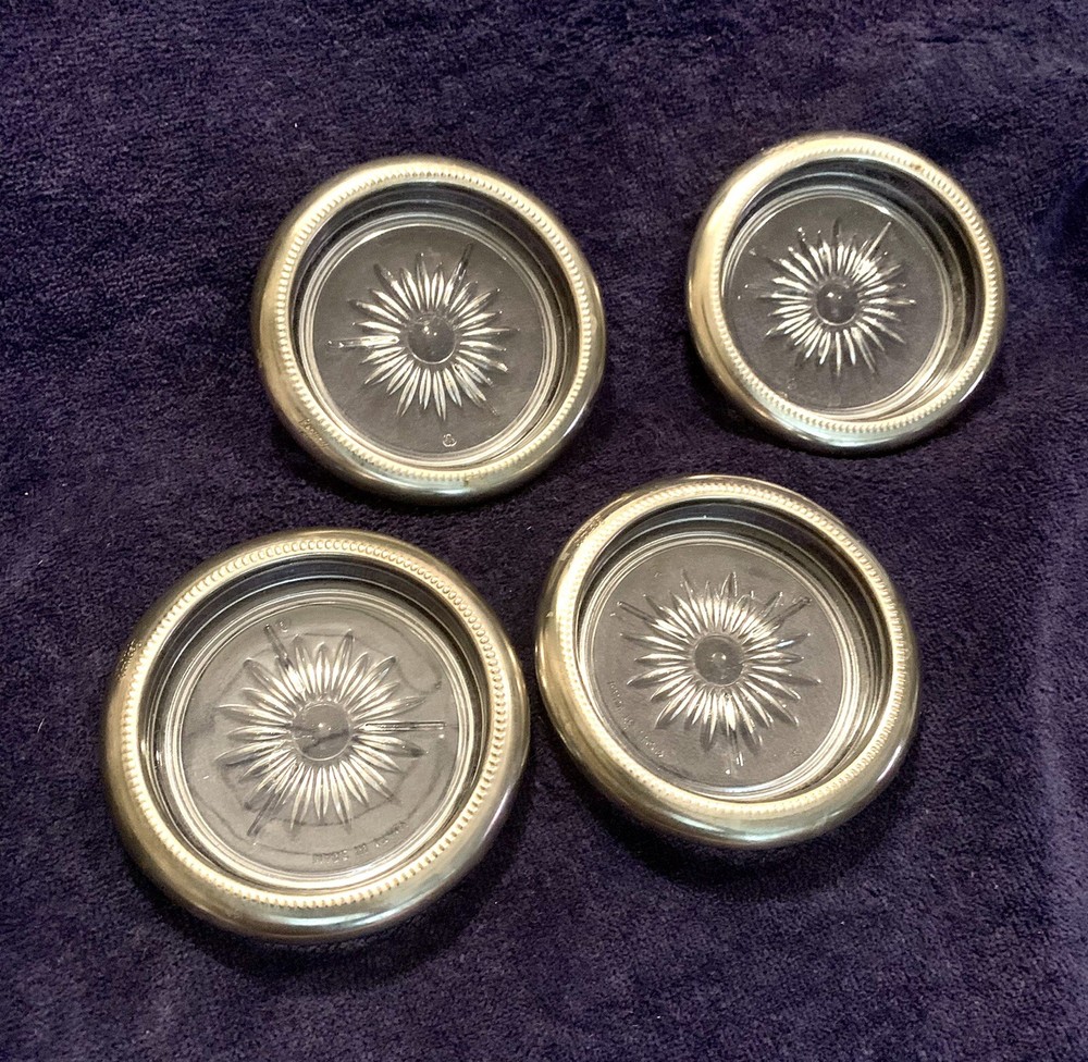 Vintage Leonard Leaded Glass & Silverplated Coasters Starburst Pattern ~4~