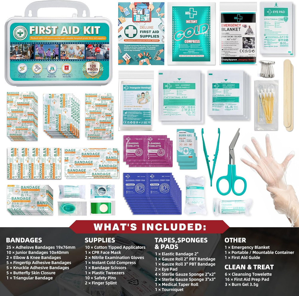 120 Pieces First Aid Kit - First Aid Box Includes Instant Cold Pack, Blanket