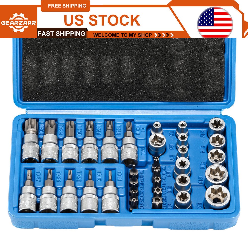 NEW 34pcs Torx Star Sockets & Bit Set Male Female E-torx Security Bits 3/8 Dzloo