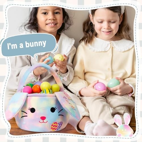 Easter Baskets for Kids,Plush Egg Hunting Easter Buckets with Handle Multi