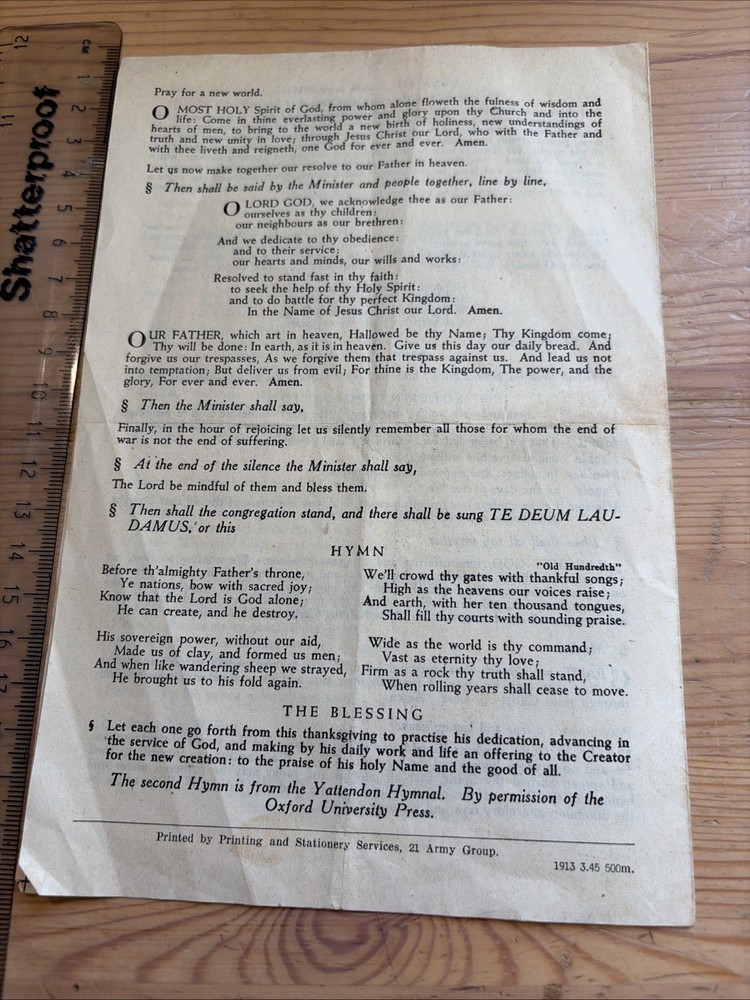 WWII 1945 Thanksgiving For Victory Service Programme Sheet
