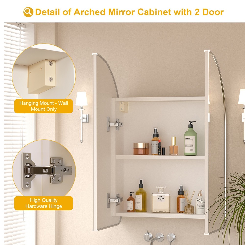 2 Doors Bathroom Cabinet Wall Mounted Mirrored Cupboard with 2 Shelves Storage