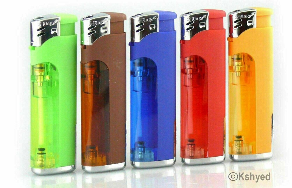 (7 Pack) 5-Flags Refillable Butane Flame AST Lighter (Colored LED Flashlight)New