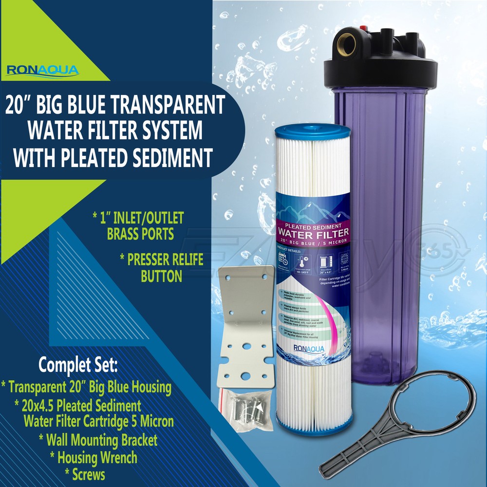 20" Transparent Big Blue Water Filter Purifier System with Pleated Sediment