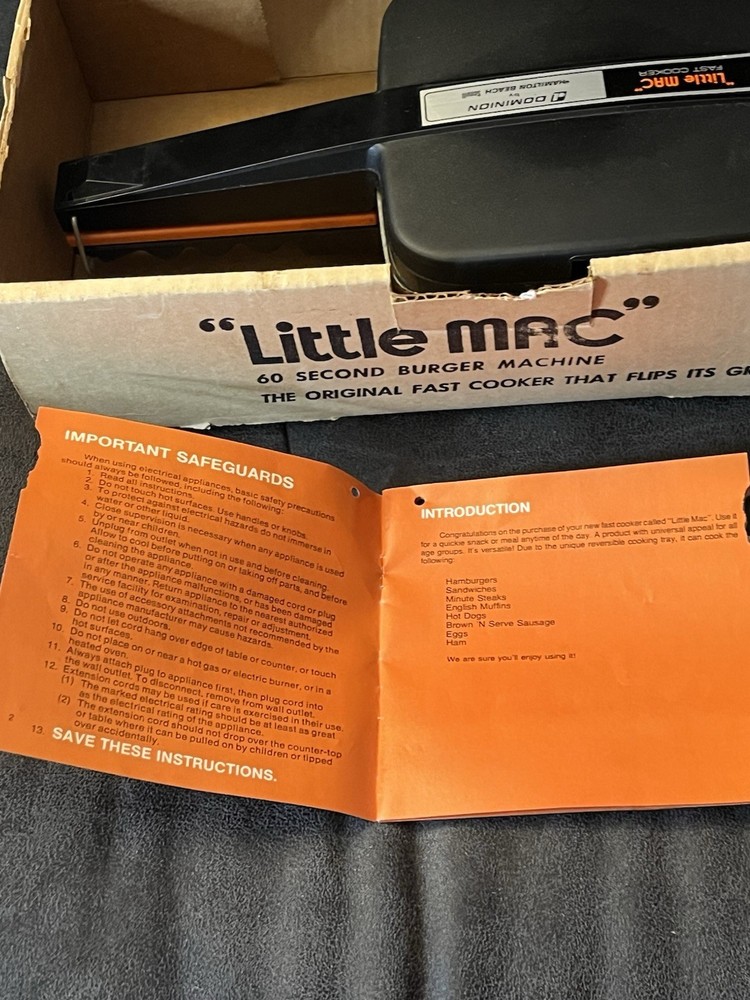 Hamilton Beach Little Mac 60 Second Burger Machine Fast Cooker Org Box & Manual
