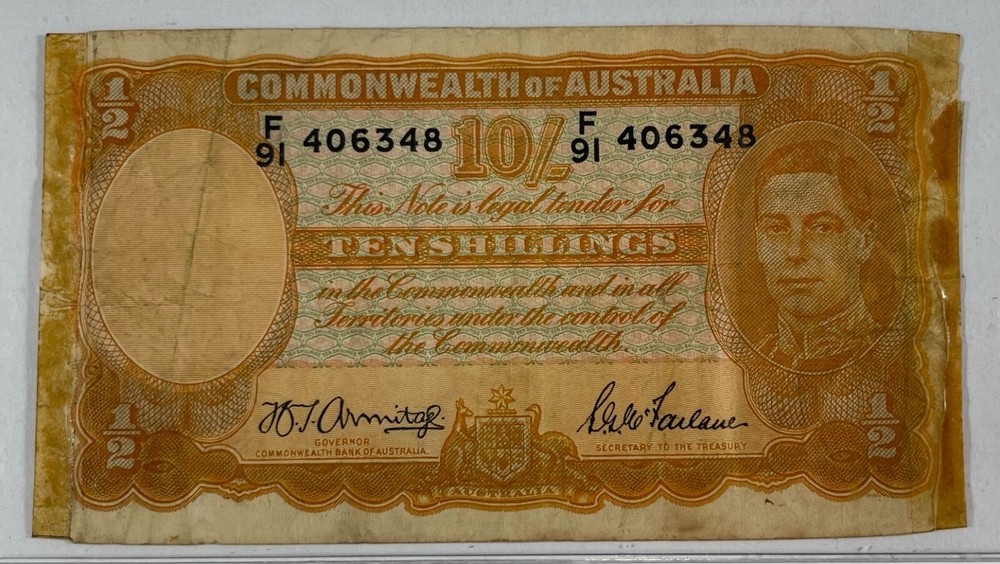 Australia 1939-52 10 Shillings (#232) nice note with tape issues