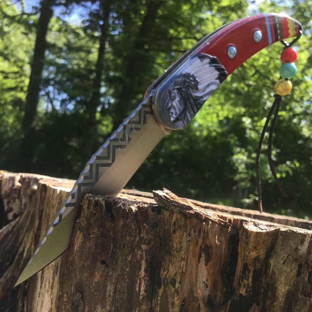 SPRING ASSISTED FOLDING KNIFE NATIVE AMERICAN INSPIRED DESIGN RED MC-A046RD