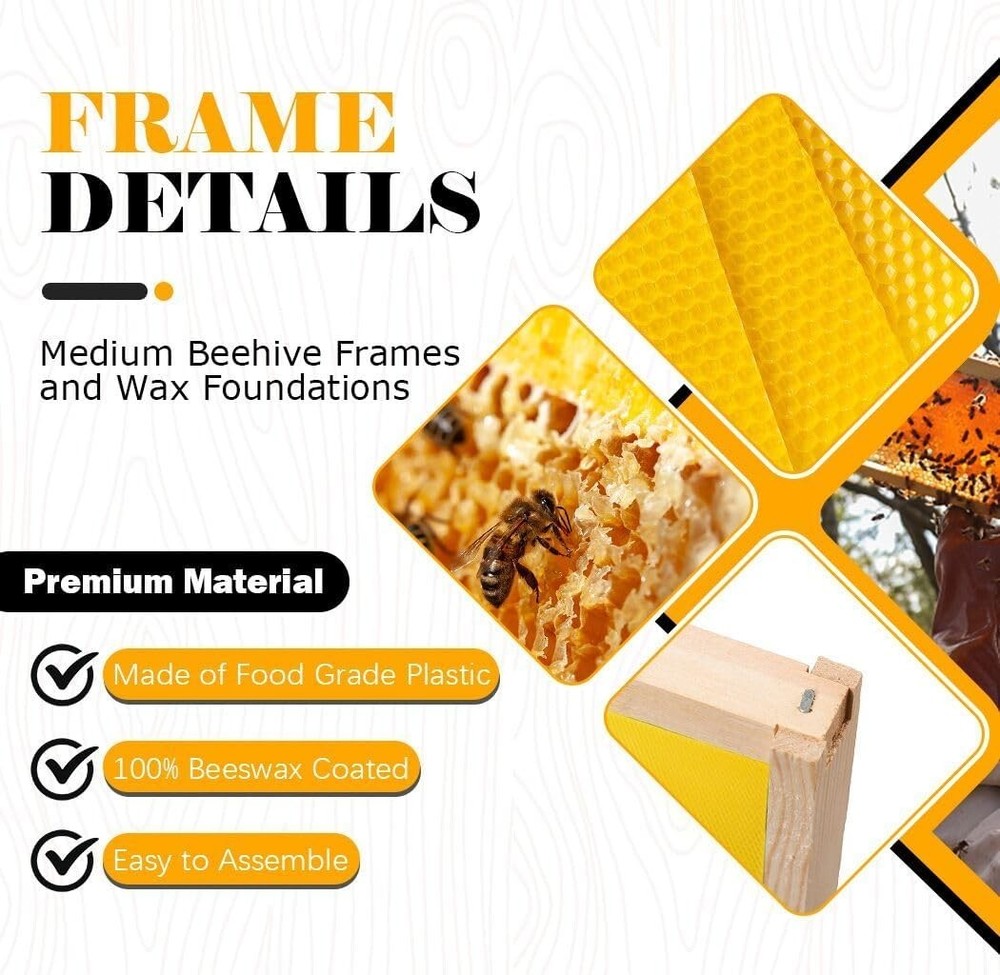 20 Pack Medium Super Beehive Frames with Wax Foundations Honey Bee Frames New