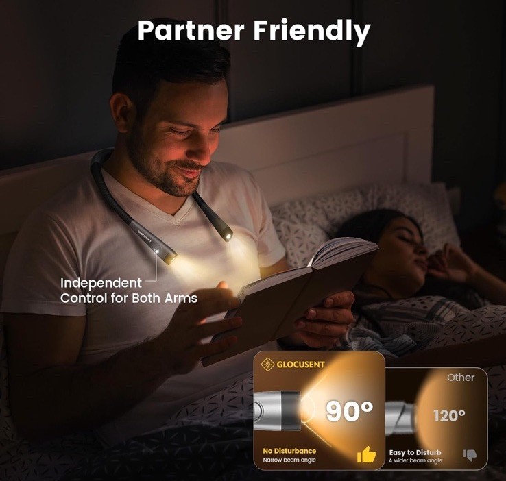 Glocusent Book Light, 3-Color & 6-Brightness Reading Light, Bendable Neck Light,