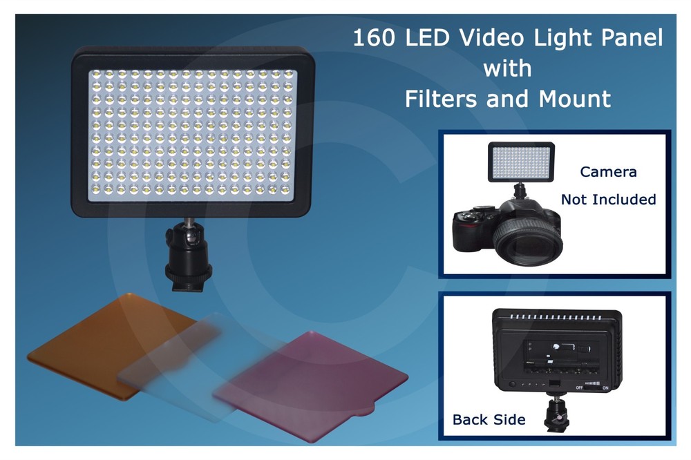 160 LED Video Light Panel with Filters & Mount – Portable Dimmable Camera Light