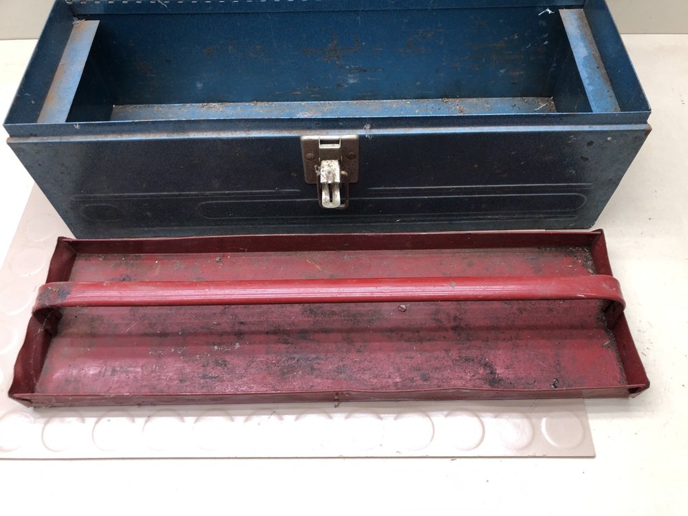 Vintage Blue Metal Toolbox With Red Tray Insert